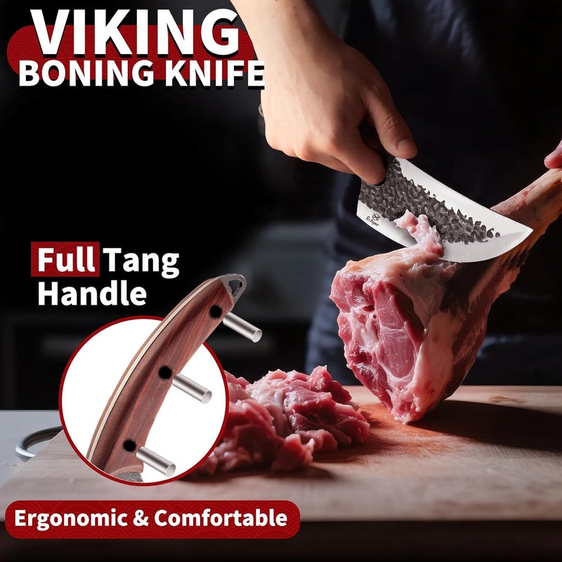 Ethyxe Butcher Knife Set – 3PCS Hand Forged Kitchen Knife Set with Serbian Chef Knife, Viking Boning Knife & Meat Cleaver, High Carbon Steel for Meat Cutting, Outdoor BBQ, Camping, Gift for Men - Image 5